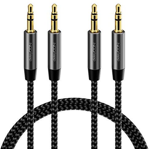 deleyCON 2x 1m Nailon 3,5mm Cable Jack AUX Audio Estéreo Cable de Nailon Conector Metálico Móvil Smartphone Tablet Auriculares HiFi Receptor - Negro