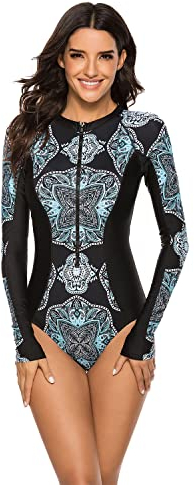 Beachkini Traje de baño para Mujer con protección Solar, Traje de baño de Manga Larga, Ropa de Surf de una Pieza con Cremallera,01,XL