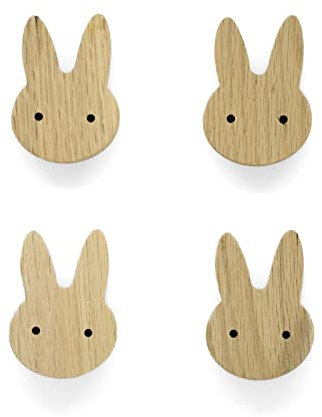 PLT 4 Stück Tierische Griffe für Kindermöbel aus unbehandeltem Eichenholz im Hasen-Motiv, Knauf, Knopf für Kommode, Schrank, Schublade, Tür, Kinderzimmer, Geschenkidee (4, Hase)