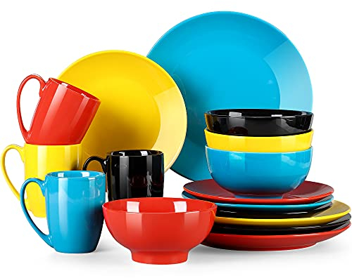 LOVECASA, Series Sweet, Dinnerware Set 16 Pieces Porcelain Dinner Set, Multicolour Dinnerware Set with Dinner Plate, Dessert Plate, Cereal Bowl and Mug, Service for 4