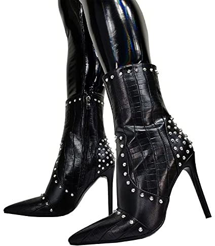 EDWRD High Heels 12CM Pointed Toe Sexy Niet Stiefeletten,Black-42