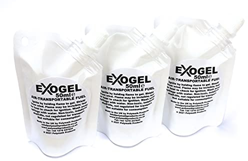 Exogel Camping Stove Gel Fuel. Versatile, odourless fuel with high energy density. Non-hazmat and air-transportable, ideal for hiking, travel and home emergencies. 150ml (3x 50ml pouches). UK-Made.