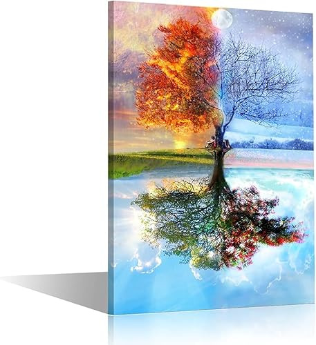 TISHIRON Moderne Bunte Vier Jahreszeiten Baum Kunstdruck auf Leinwand Wandgestaltung Schöner Baum Gedruckt Gerahmt Bild Kunstwerk für Schlafzimmer Décor Wanddekoration 60x40cm(24x16in) mit Rahmen