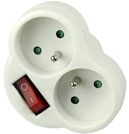 PremiumCord Adaptateur Rond pour 2X Prise Ronde avec Un Interrupteur 250V, Blanc