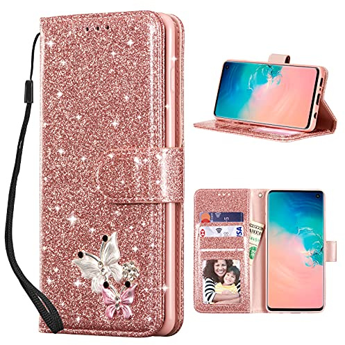 UEEBAI Klapphülle für Samsung Galaxy S10, PU Lederhülle Glitzer 3D Schmetterling Flip Cover Standfunktion mit Kartenfach Schutzhülle Diamant Glänzende Geldbörse Handschlaufe Etui - Roségold
