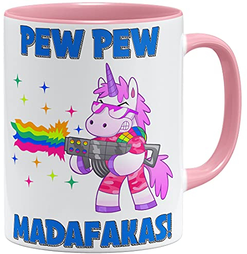 OM3® Einhorn Regenbogen Pew Pew Madafakas Tasse mit Spruch - Statement | Keramik Becher | 11oz 325ml | Beidseitig Bedruckt | Rosa