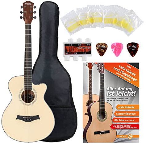 Rocktile WSC-101C NT Westerngitarre Starter Set - Korpusform: Concert mit Cutaway - Decke: Fichte - Boden & Zarge: Sapele - Hals: Okoume - inkl. Tasche, Notenheft, Saiten & Plektren - Natur