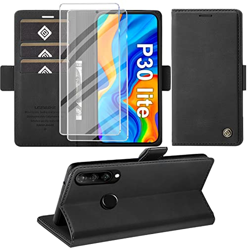 Handyhülle für Huawei P30 Lite Hülle mit Panzerglas, Schutzhülle P30 Lite Premium Leder Wallet Case Standfunktion Kartenfach Flip Cover for Huawei P30 Lite Stoßfeste Klapphülle 6,15 Zoll