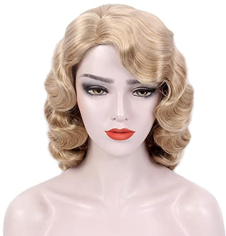 REEWES Lange Blonde 1920er Perücke, Lockige Kurze Vintage Perücken für Frauen Damen Synthetische Hitzebeständige Vollperücken Cosplay Kostüm Fancy Dress Flapper Perücke