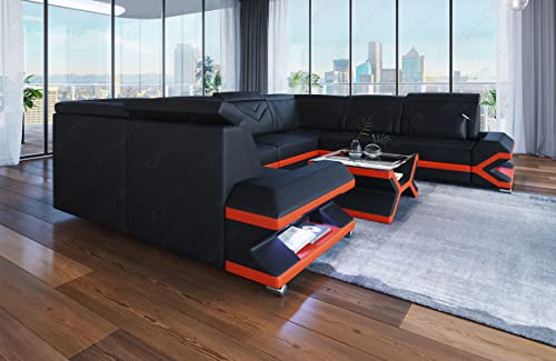 Ledersofa Sorrento in U Form als Wohnlandschaft mit LED Beleuchtung Sofa mit Kopfstützen als Moderne Couch (Lange Seite rechts, Schwarz-Orange)
