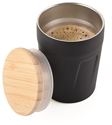 TROIKA Tazza termica con coperchio per bevande calde in acciaio inox e bambù, colore nero-marrone, 160 ml, CUP75/BK
