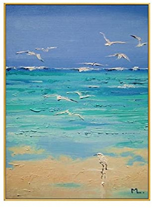 Ölbilder Auf Leinwand Handgemalt,Extra Großes 100% Handgezeichnetes Seaside Seagulls Kunstwerk, Abstraktes Ungerahmtes Strukturiertes Acrylgemälde, Pop Coole Gemälde Kunstwand Wohnzimmer Schlafzi