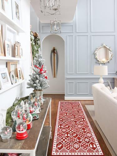 Seavish Weihnachtlicher Flurläufer, 5 x 15 cm, rot, Küchenläufer, Teppiche, rutschfest, waschbar, niedriger Flor, Eingangsteppich, weicher Teppich, Läufer mit Gummi-Rückseite, für Schlafzimmer,