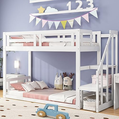 Merax Hochbett 90x200 cm, Hausbett für Kinder, Niedriges Etagenbett aus Holz mit Rausfallschutz und 2 Lattenrost, Vielseitiges Kinderbett mit Sicherheitstreppe, Spielbett für Jungen & Mädchen, Weiß