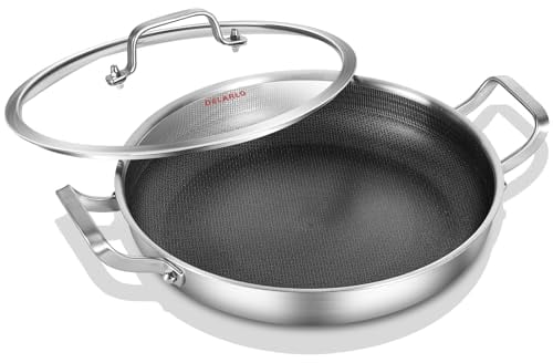 DELARLO Skillet With Lid,Tri-Ply Stainless Steel Pan,12 Inch Non Stick Paella Pan,Skillets And Frying Pans,Stainless Steel Pan,Nonstick skillet 12 Inch,Kitchen Oven Safe Skillet,Heavy Duty Style