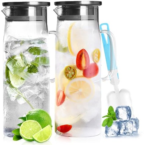 JOLIGAEA 2 Stück 1,5 Liter Wasserkaraffe aus Glas, Karaffe Glas mit Deckel, Wasserkaraffe aus Borosilikatglas, Getränkekaraffe Wasserkrug mit Becherbürste, Karaffe für DIY Getränke, Saft, Tee