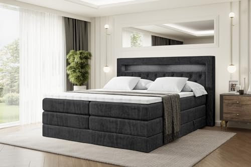 ALTDECOR Boxspringbett mit Matratze und Lattenrost, LED, Topper, Polsterbett mit Bettkasten, Bett mit Stauraum H3- und H4- Matratze, Doppelbett, Springboxbett - NOEL GOLD KING - 200x200 - Schwarz Samt