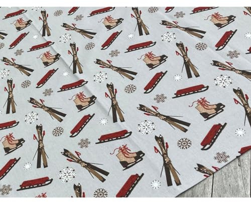 Tischdecke MAGGIE mit Wintermotiv Schlittschuhe, Schlitten - Tischtuch Landhaus 95 x 95 cm Tischdeko im modernen Landhaus-Stil - 100% waschbare Baumwolle Mitteldecke Tischdeko für Winter & Weihnachten