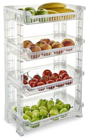 Best House 4 Layer Fruit and Vegetable Storage Basket, 4 Tier Stackable Fruit & Vegetable Shelves Plastic Basket for Kitchen Counter Slim Shelf Space Saving for Bathroom Kitchen & Office (Transparent)