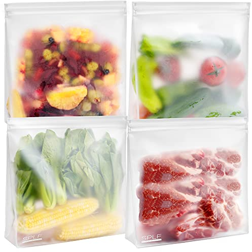 SPLF 4 Pack Dishwasher Safe Reusable Gallon Freezer Bags, Extra Thick Leakproof Silicone and Plastic Free Zipper Sandwich Snack Lunch Bags