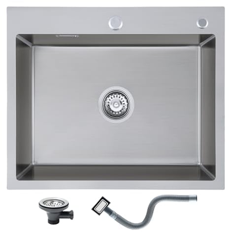 KEOKBON 60 x 50cm Spülbecken Rechteckig, Edelstahl Waschbecken Küche Einbauspüle mit Über- und Siphon/Ablaufschlauch, mit Überlaufloch, 2 Befestigungslöcher(35mm, 28mm)