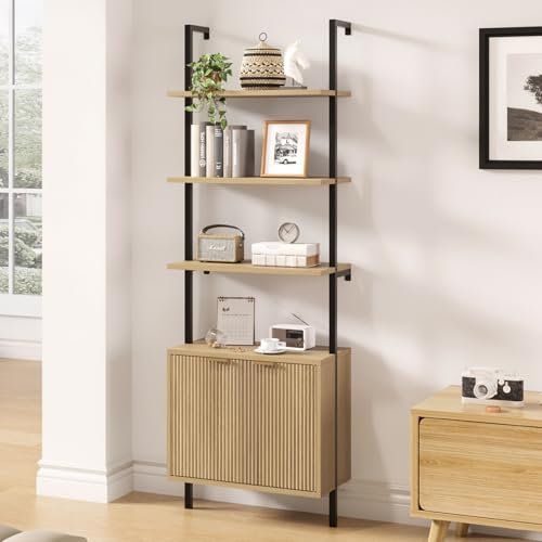 Ladder Bookshelf with Cabinet, 71 Tall Wall Bookshlef with Shelves & Storage, Rattan Ladder Shelf with Metal Frame, 6-Tier Black bookcase for Living Room, Home & Office, Bedroom, Natural & Black