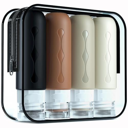 Gemice Silikon Reiseflaschen 90ml Set, 4 Stück auslaufsichere Reise Container und Reise Toilettenartikel Set, FDA zugelassene nachfüllbare Flüssigkeitsbehälter für Shampoo Creme Spülung Körperpfleg
