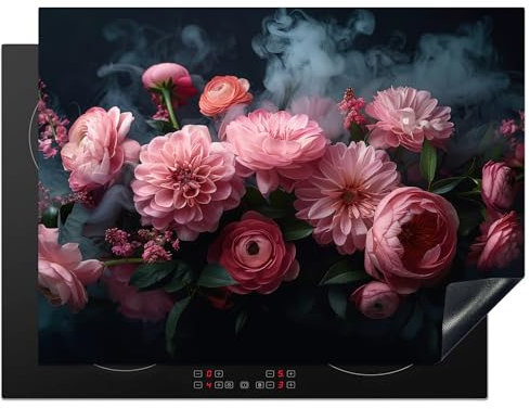 KitchenYeah© Herdabdeckplatte Induktion Schutzmatte Küche Herdabdeckung Ceranfeld Induktionsmatte Cerankochfeld Abdeckung Blumen - Rosa - Rosen - Botanisch - Natur - 70x52 cm