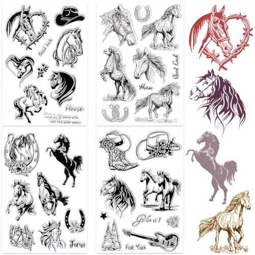 craspire 4 Stile Pferd Klare Stempel Tierwort Wiederverwendbarer Hintergrund Poststempel Retro Transparente Silikonstempel Siegel Für Journaling Kartenherstellung Dekor DIY Scrapbooking Zubehör