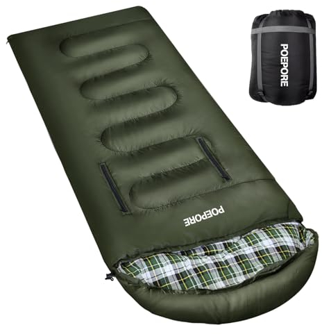 POEPORE Schlafsack Outdoor 3-4 Jahreszeiten Flanell Schlafsäcke Leichter Deckenschlafsack Kleines Packmaß für Erwachsene mit Arme und Füße Reißverschluss 220x80 cm Olive