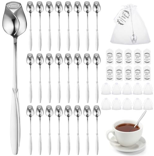 Roshtia 50 Sets Teelöffel in Rosenform, Hochzeitsgeschenk für Gäste, 13,2 cm, Blumen-Dessert, Mini-Teelöffel mit 50 Geschenkanhängern und 50 Organza-Beuteln für Teeparty, Brautparty, Gast-Souvenir