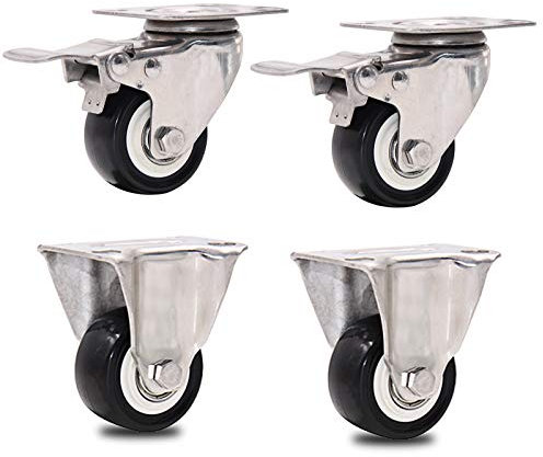 Lenkrollen, Drehteller oder Räder, bewegliche Räder, robuste Möbelräder, Trolley-Räder mit Pu, Edelstahl für Kofferraum, Blumenständer, 4 Stück, schwarz/Ständer + Bremse/38 mm