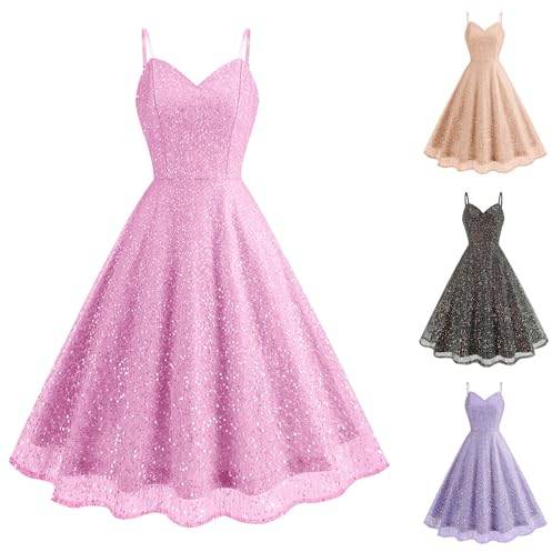 Generisch Cocktailkleid Damen Pailletten Drucken Rockabilly Swing Ärmellos Partykleid V-Ausschnitt Spaghettiträger Festlich Abendkleid Ballkleid A Linie Faltenrock Paillettenkleid(A Rot,XXL)