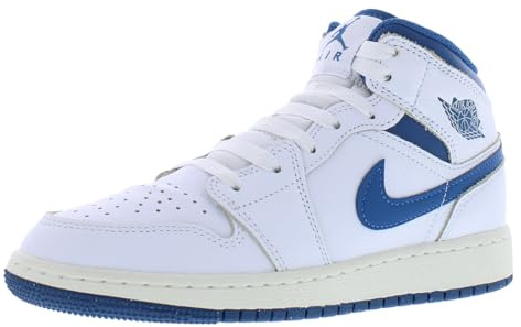 Jordan Big Kid's 1 Mid SE White/Industrial Blue-Sail (FN7432 141), White/Sail/Industrial Blue, 4 Big Kid
