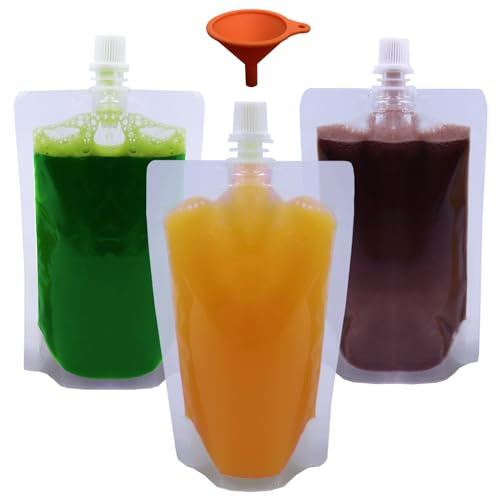 Yelinosk 50Pack Clear Drink Pouches 250ml with caps and Funnel for Festivals,Leak Proof Alcohol Juice Liquid Pouches Bags, Beverage Bags, Plastic Hip Flask for Parties, Picnic, Travel, Sports