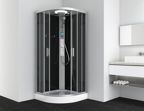 SANOTECHNIK Cabine de douche complète AUSTIN 90 × 90 × 215 cm – Système de douche tout-en-un | Verre de sécurité ESG, radio tactile, plafond LED, buses de massage, montage rapide Douche complète CL20