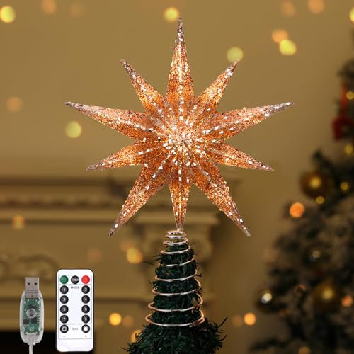Lewondr Christmas Tree Topper Star, 13inch Xmas Tree Topper with LED Light Beads, Remote & USB Operated 10-Point Star Treetop for Home Christmas Decoration, 6H Timer & 8 Lighting Modes, Rose Gold