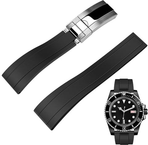 Juntan 20mm Uhrenarmband Kautschuk für Männer Frauen, Schwarz Uhrenarmbänder Fluorkautschuk Silikon Gummi Armband mit klassischer Diving Style Faltschließe