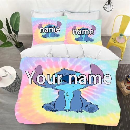 CYSYLQW Personalisierte Bettwäsche Mit Namen, Stitch bettwäsche 135x200 Für Jugendliche Stitch Bettwäsche Cartoon Kinder Mikrofaser Bettbezug Set Mit Reißverschluss Kissen (135 x 200 cm,1)