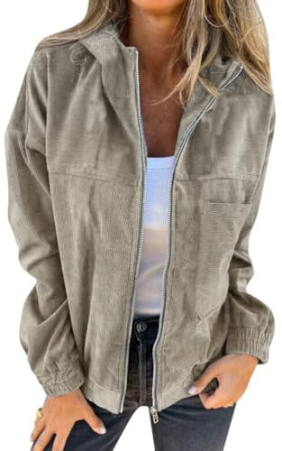 Onsoyours Damen Cord Jacke Übergangsjacke mit Kapuze Brauner Cord Mantel Damen Übergangsjacke Gefüttert Langarm Reißverschluss Herbst-Wintermantel mit Taschen A Khaki S