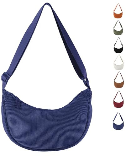 GoPaw Damen Cord Crossbody Bag, Halbmond Tasche Cord Umhängetasche, Damen Halbmond Tasche Schultertasche Mit Schultergurt Einstellbar Lässige Umhängetasche aus Kord für jeden Anlass (Dunkles Blau)