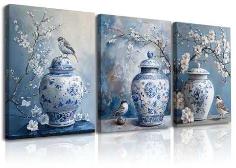 Piy Painting Art Mural Sur Toile En Porcelaine, Peinture Décorative Murale Fleur De Prunier, Birdie Impression Sur Toile Pour Chambre à Coucher Salon Salle De Bain Entrée, 3 Pièces, 30x40 cm/90x40 cm