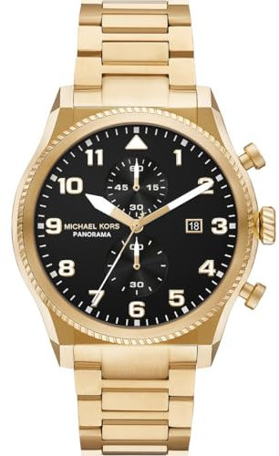 Michael Kors Panorama Watch for Men, Quartz Movement with Stainless Steel or Leather Strap Schwarz und Goldton, 44MM