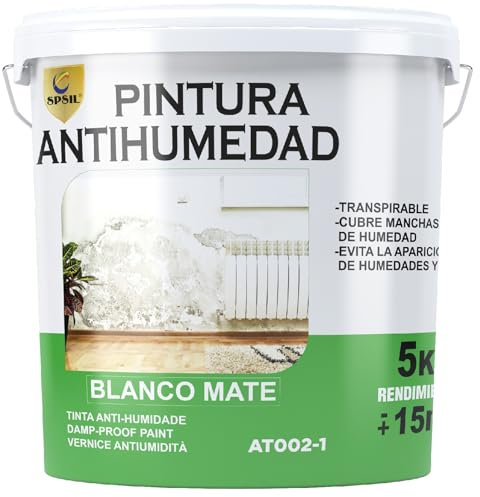 SPSIL Pintura Antihumedad Blanco Mate - Elimina y Previene Humedades y Moho - Para Paredes, Techos, Baños, Cocinas - Transpirable, Secado Rápido (5 Kg)