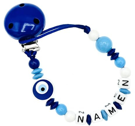 Nuckelkette mit Namen  NAZAR TÜRKISCHE AUGE  Dunkelblau Skyblau Weiß/Baby/Unisex/Personalisiert/HANDMADE