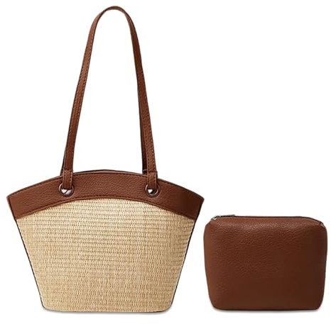 Mabecol Stroh Strandtasche Damen, Basttasche Sommer Mittelgroß, Schultertasche Boho, Stroh Tasche mit Kosmetiktasche, Gewebte Korbtasche Für Strand, Urlaub, Reisen, Alltag, Braun