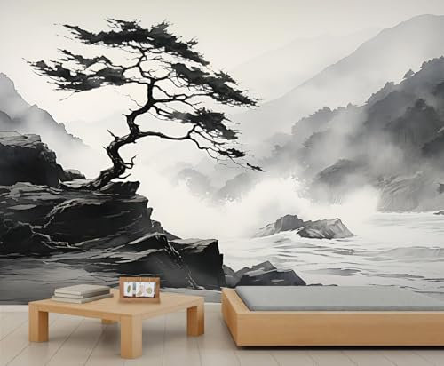 FACADUP Ink Painting Murals, Japanese Splash Nature Scenery Wall Murals, Vintage Pine Wallpaper for Bedroom Living Room Decor 100x70cm Artwork Landscape Background (Not Self-Adhesive)