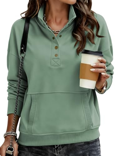 Cuptacc Sweatshirt Damen Stehkragen Pullover Damen Henley Langarm Oberteile Mit Taschen Enthält Baumwolle Hellgrün Größe L 42-44
