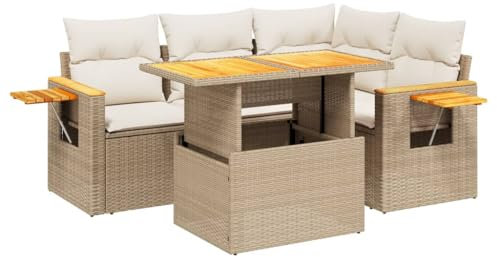 Massbinet Lounge Sofa Gartenmöbel Set Balkonmöbel mit Verstellbare Tischplatte und Praktischer Beistelltisch Poly Rattan Beige und Creme