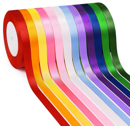 Cinta de Raso, 12 Colores Raso de Colores Vibrantes, 10mm x 22m Cinta de Satén, Cintas de Tela para Manualidades, Envoltorios de Regalos, Lazos, Decoración de Bodas